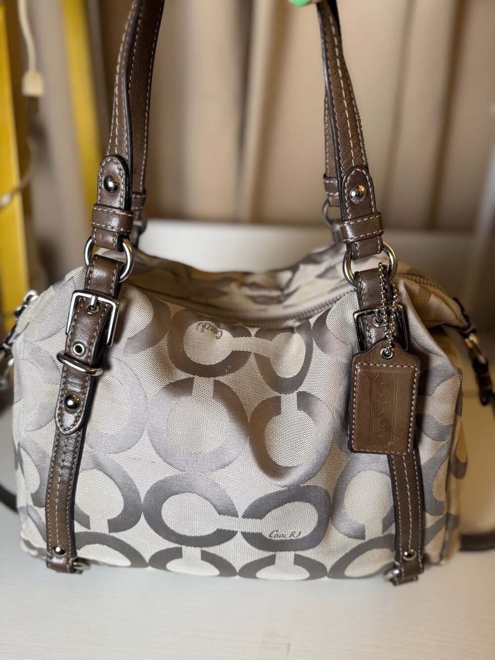 Coach Alexandra Satchel Bag Brown Beige Op Art Sateen